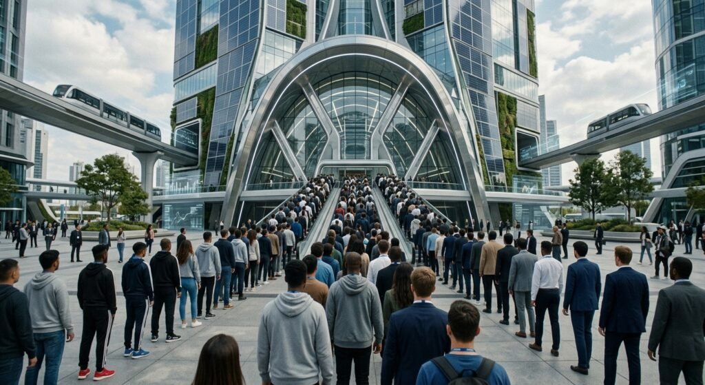 humans lining up for work
