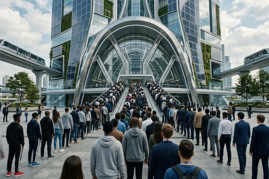 humans lining up for work